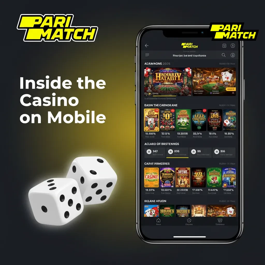 Parimatch casino app screen with slots, tables, and Evolution live Roulette and Blackjack, plus daily highlights and promos.