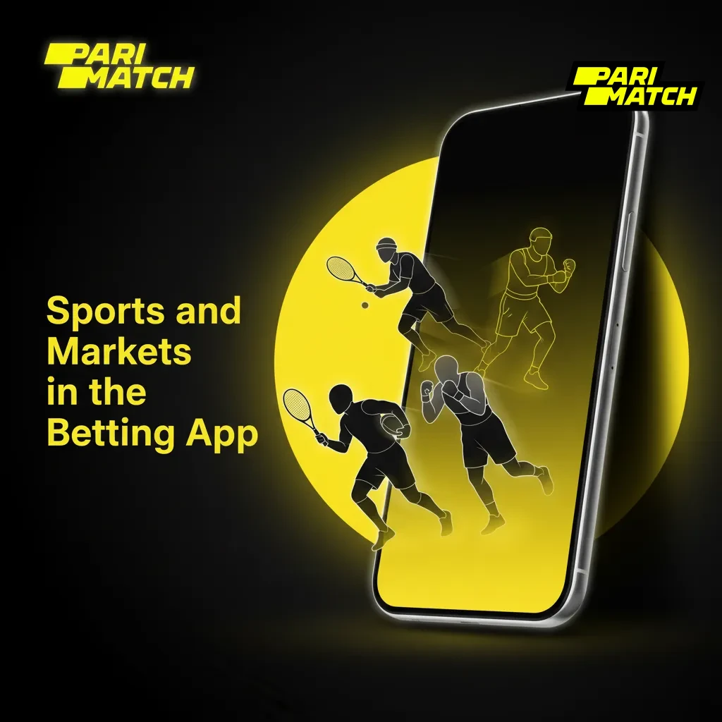 Parimatch Betting app screen with sports list and markets: pre-match/live odds, stats, streams; Cricket, Football, Tennis, eSports.