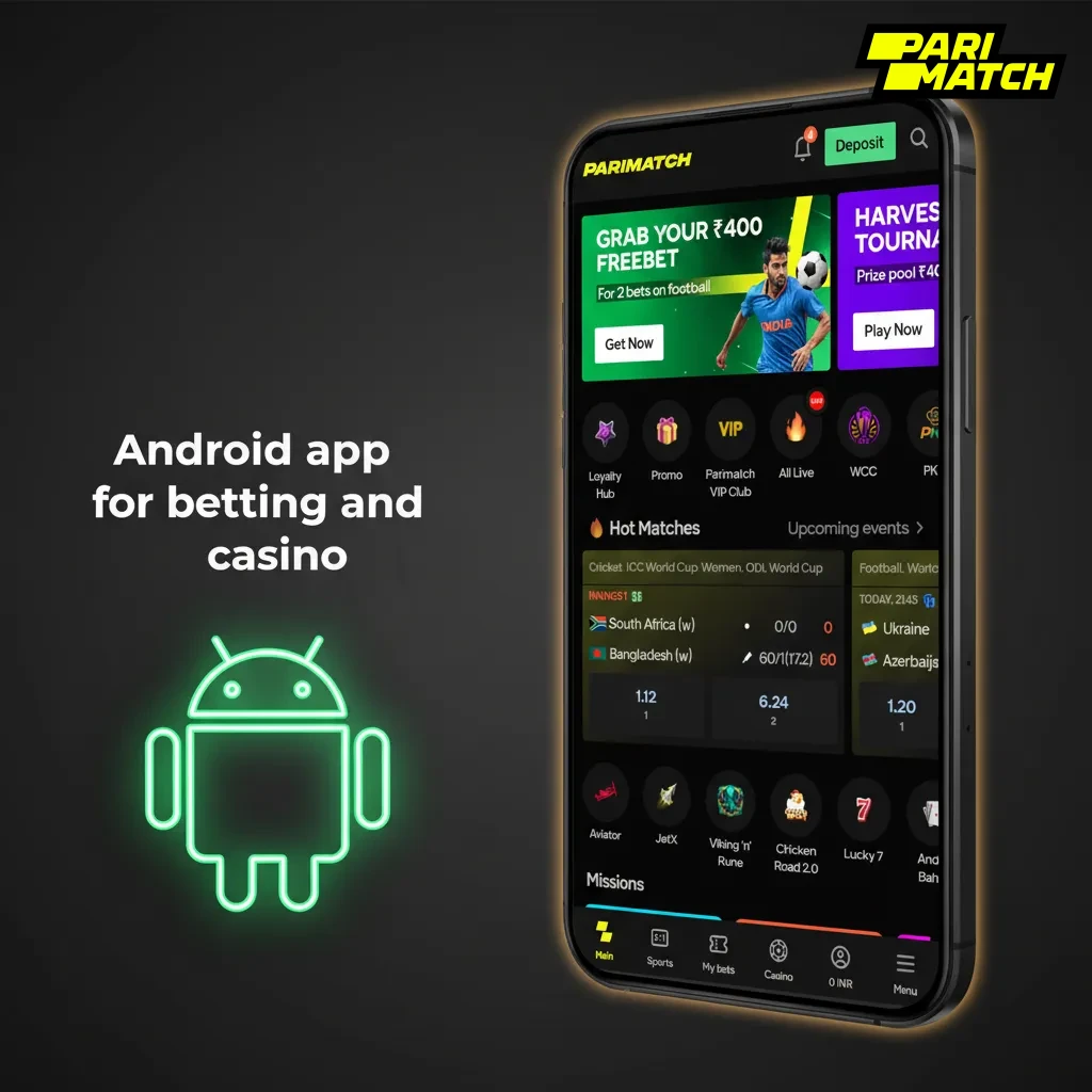Android betting and casino app; phone screen shows APK install steps, live odds, cash out, and notifications.