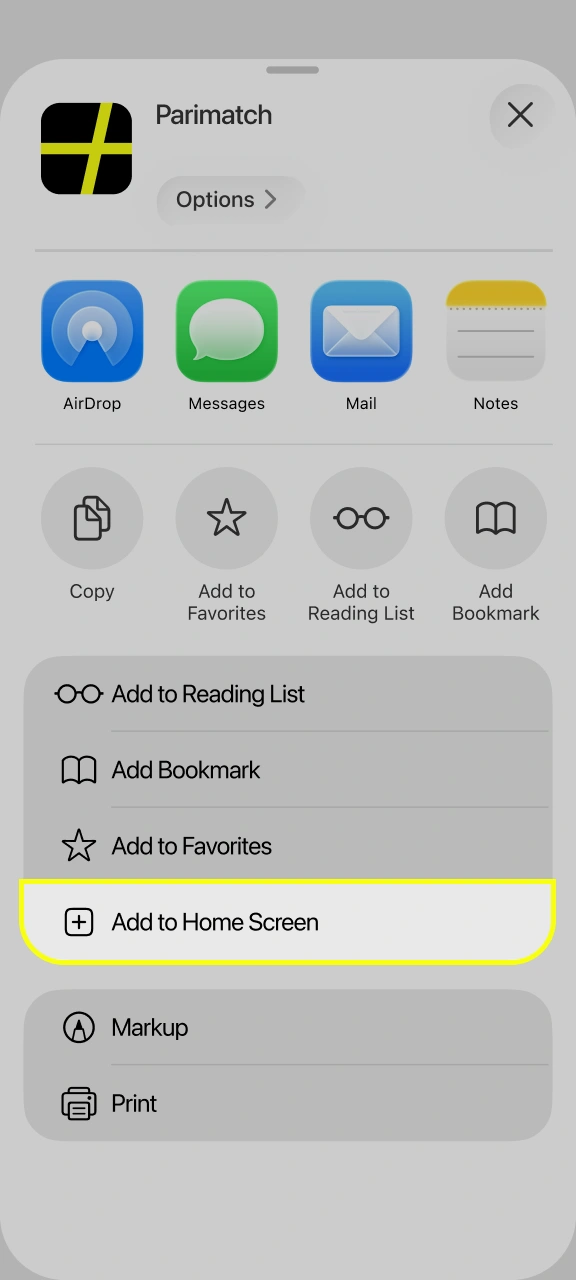 Choose the home option to create a Parimatch shortcut icon.