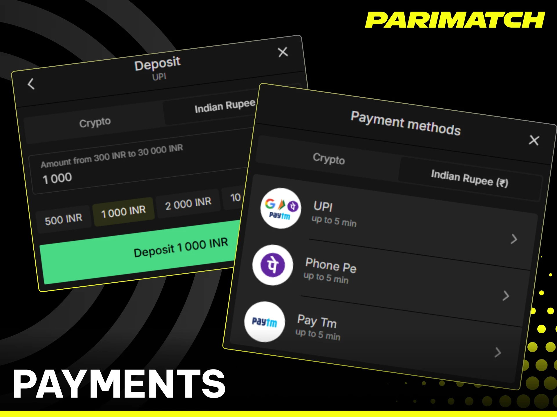 Top up your Parimatch account quickly using convenient local payment methods.