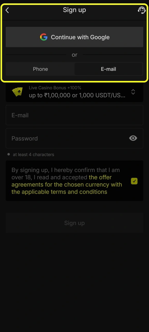 Select your preferred registration option inside the Parimatch mobile app.