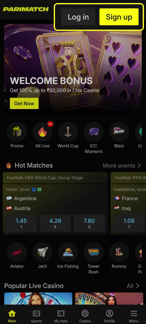 Open the login window on the official Parimatch gaming app.