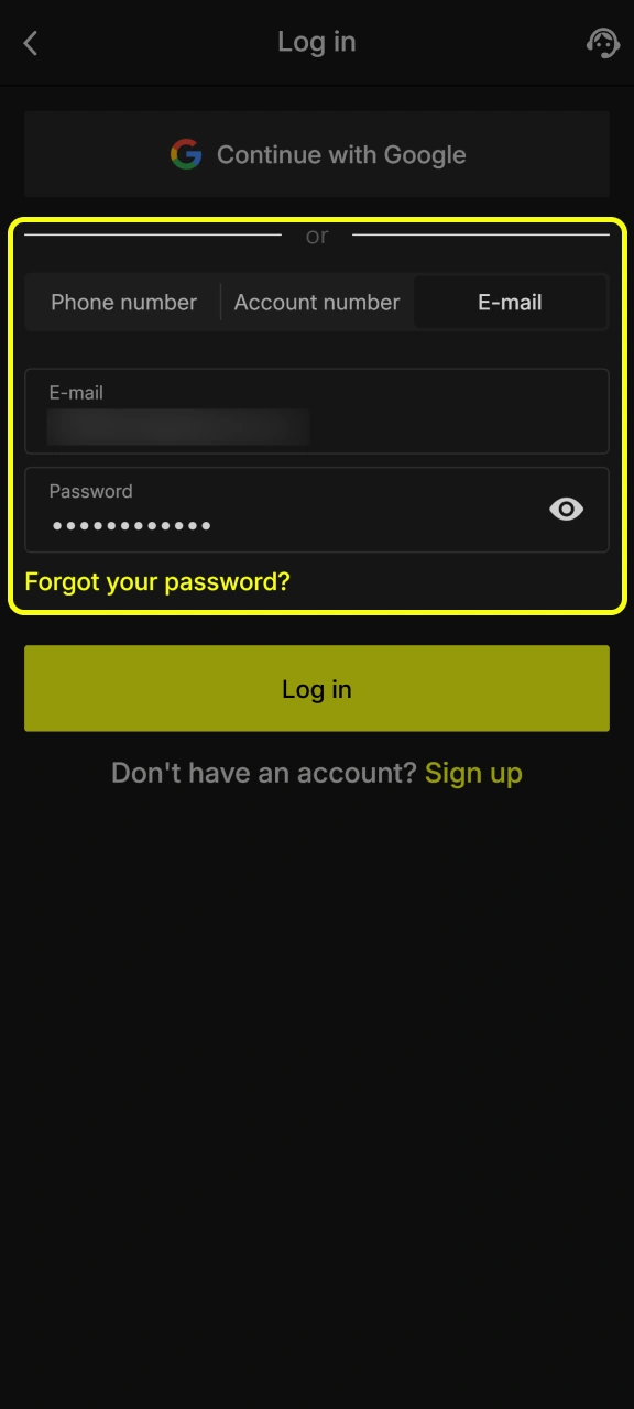 Type your registered email and password into Parimatch.