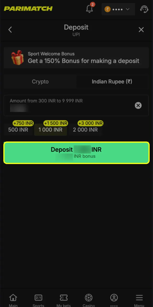 Deposit minimum ₹200 via UPI or PhonePe on Parimatch India to play Aviator.