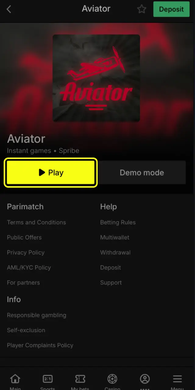 Tap Casino on Parimatch India, select Instant Games, and launch Aviator lobby.