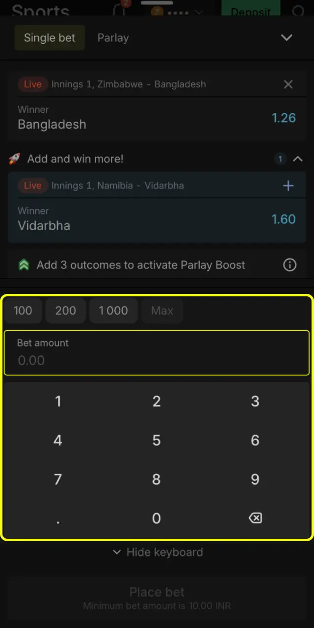 Enter your stake from ₹10 on Parimatch India bet slip and see potential payout.