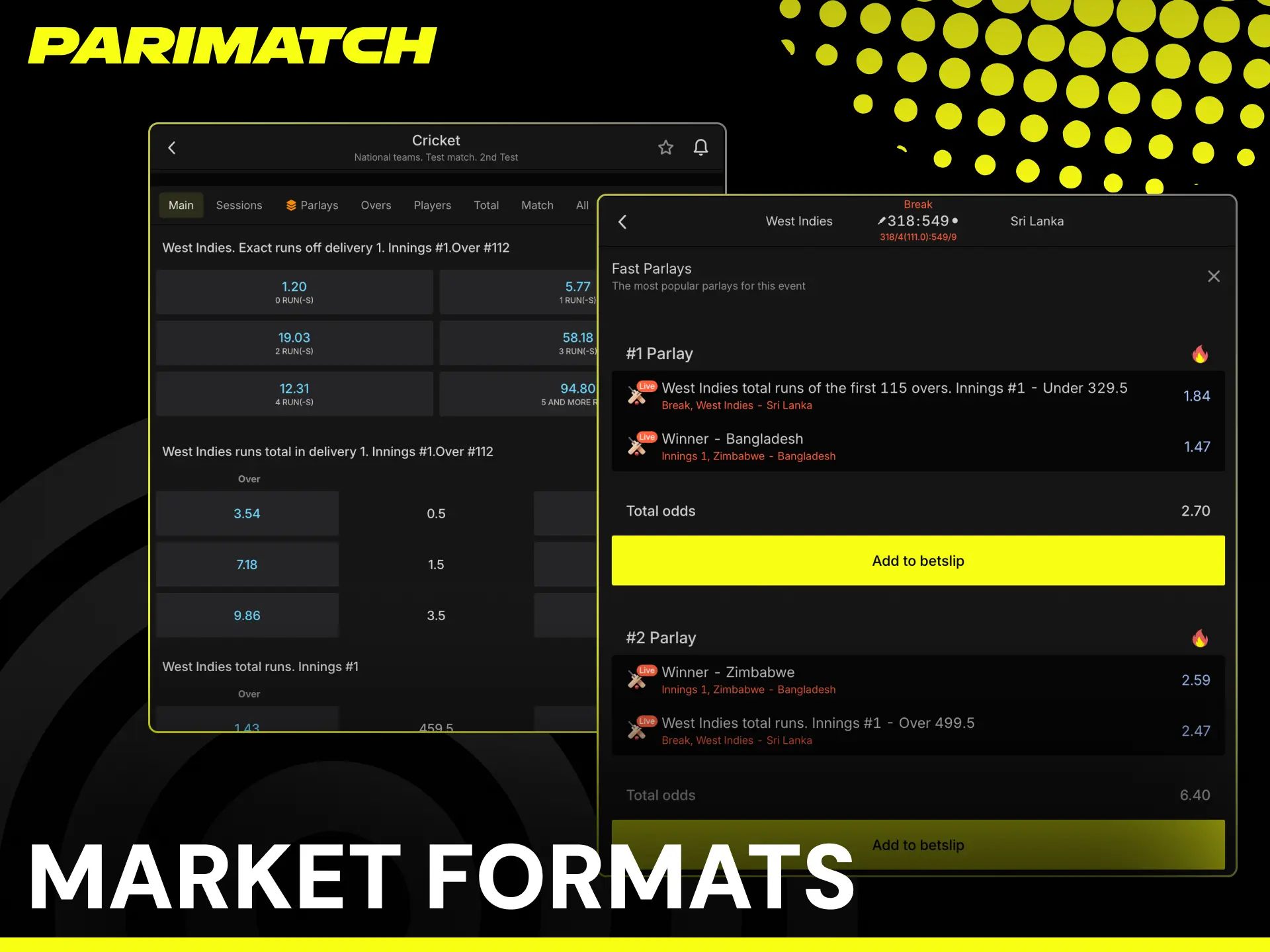 Market formats on Parimatch India including match winner, totals, and player props.