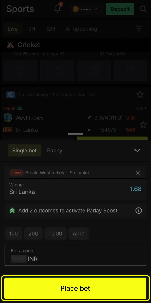 Tap Confirm Bet on Parimatch India to place your wager instantly and track it in My Bets.