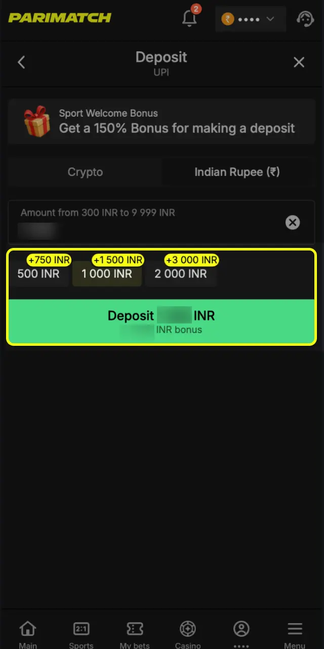 Confirm your deposit on Parimatch India and your welcome bonus is credited automatically.