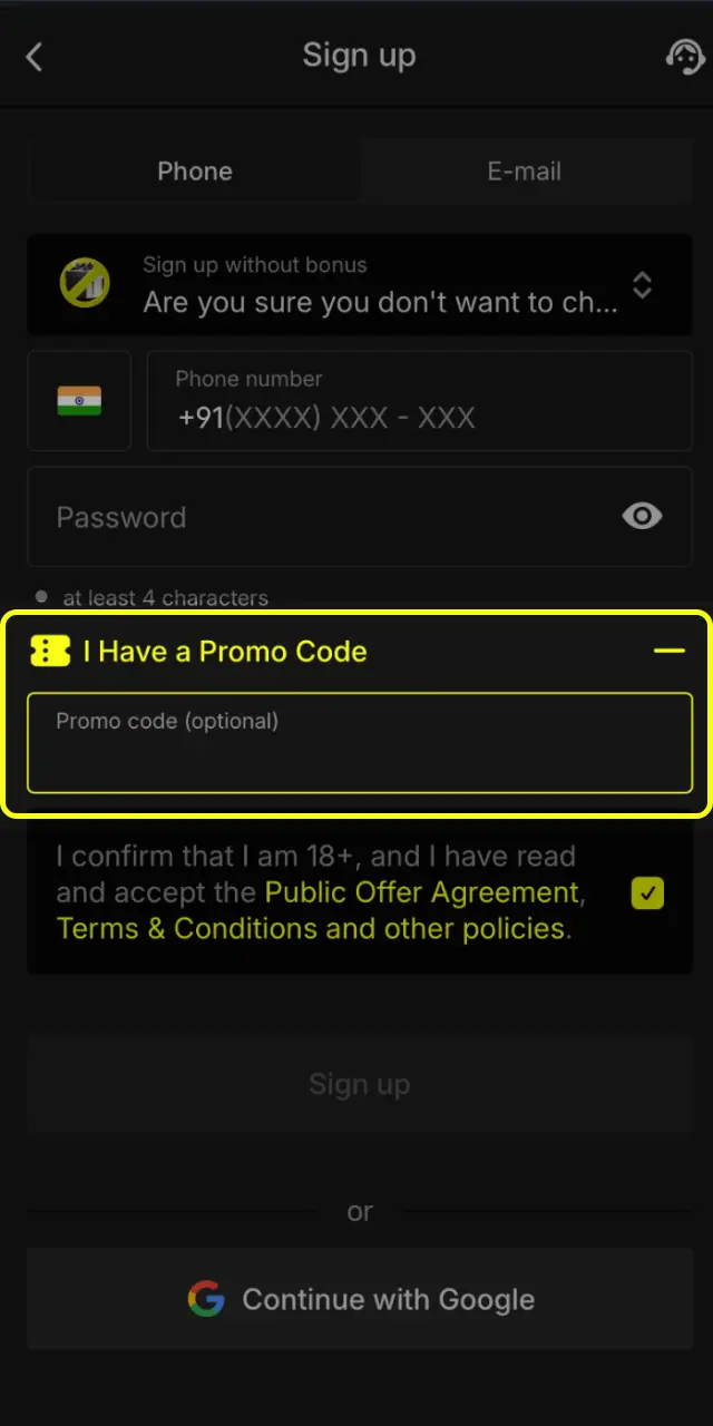 Enter promo code FREESPIN in the registration screen before tapping Sign Up on Parimatch.