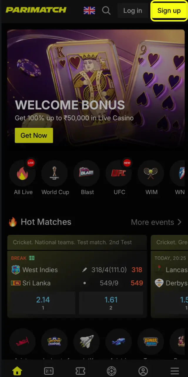 Open Parimatch app and tap Sign Up to create your account with phone, email, or Google.