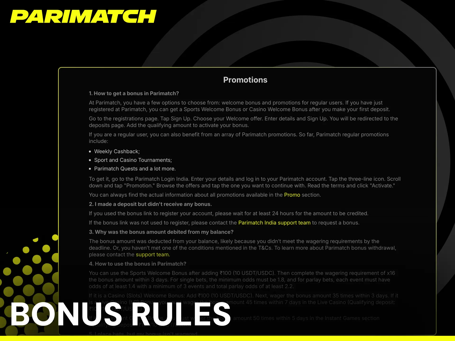 Parimatch bonus rules for Indian players including wagering requirements and expiry dates.