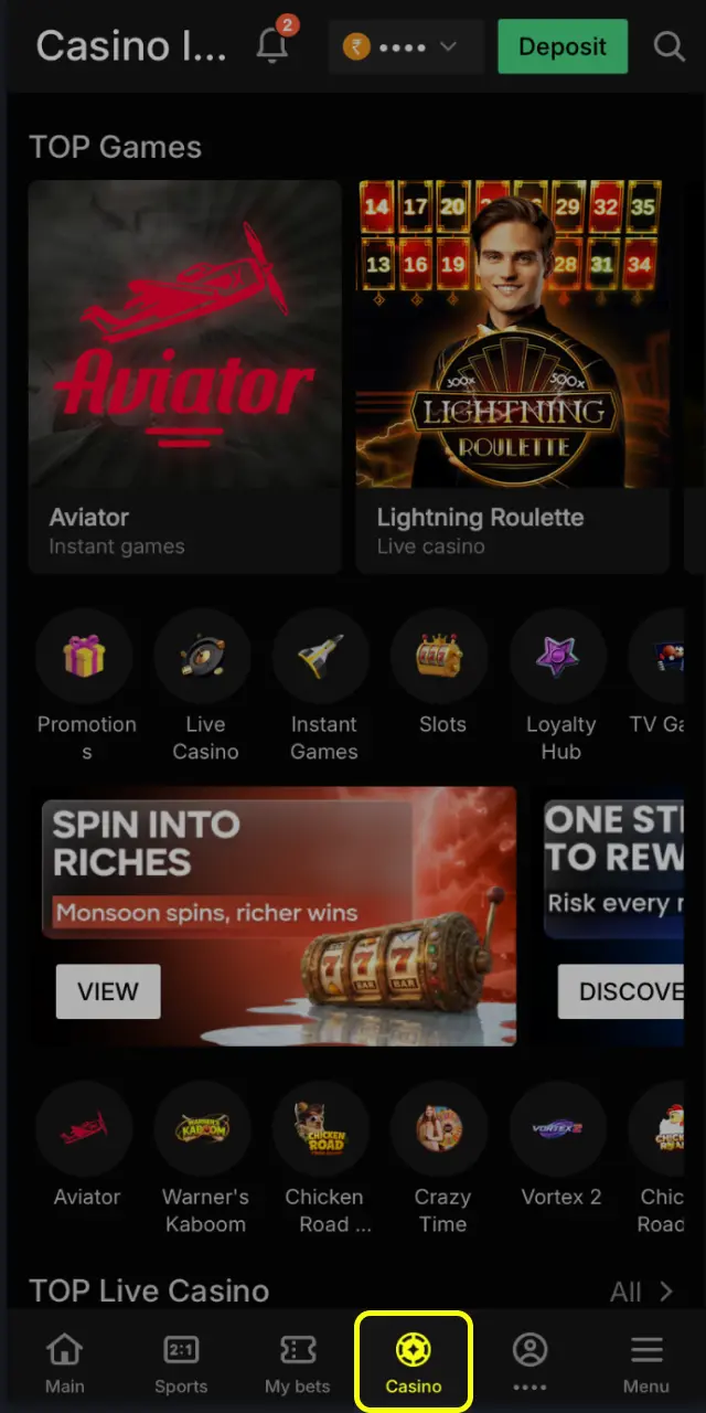 Tap Casino on Parimatch India navigation bar to access slots, live games, and instant games.