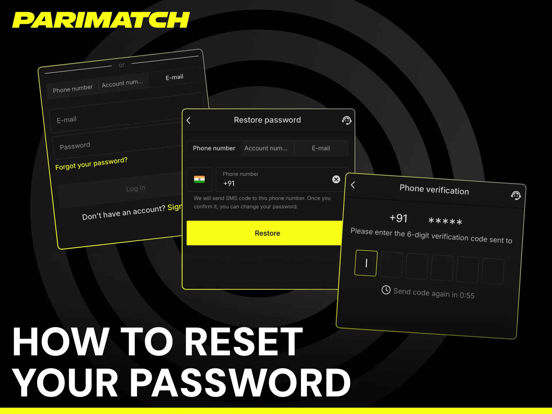 How to reset your Parimatch password using registered phone number or email.