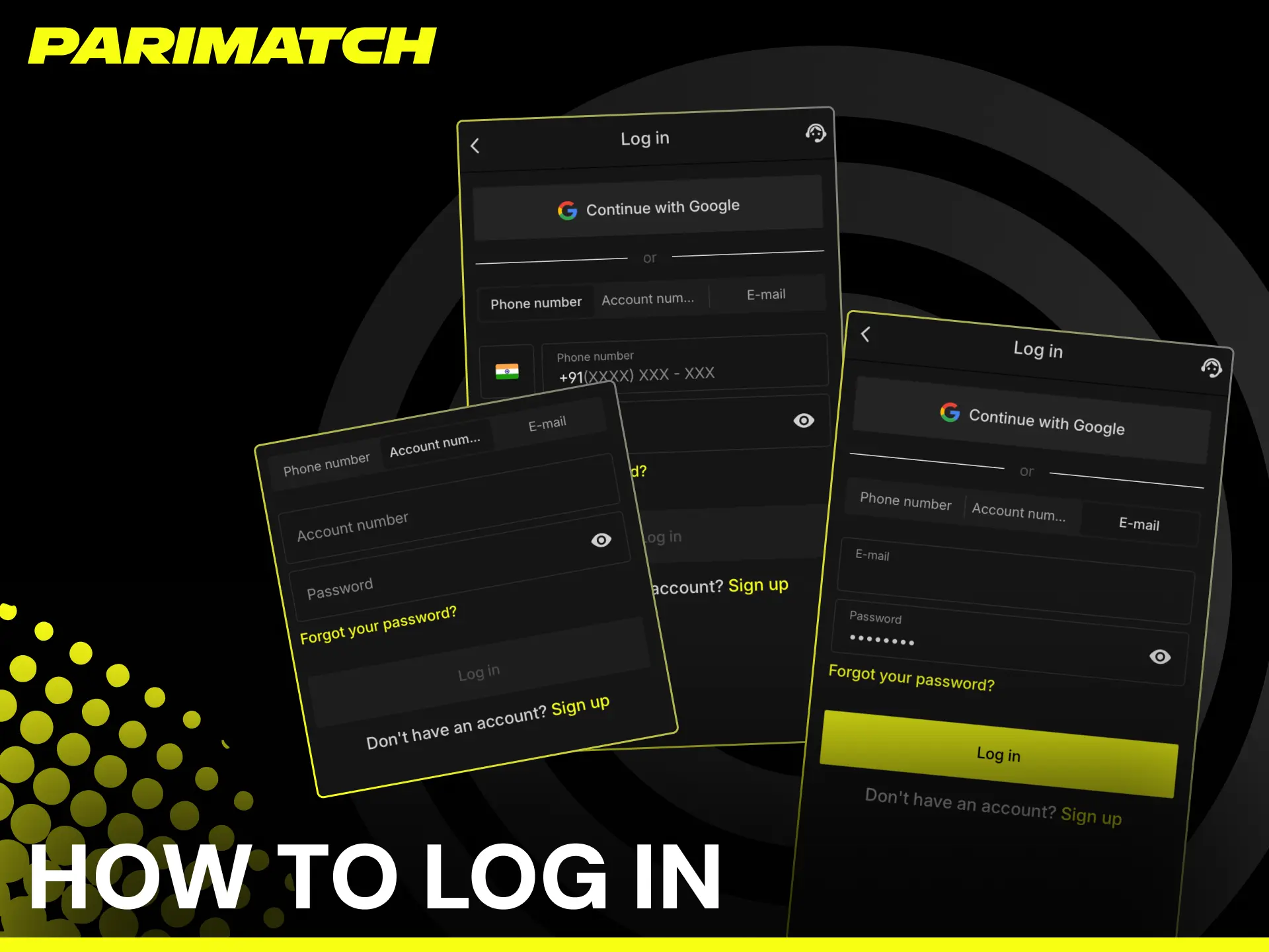 How to log in to Parimatch app using phone number, email, or account ID.
