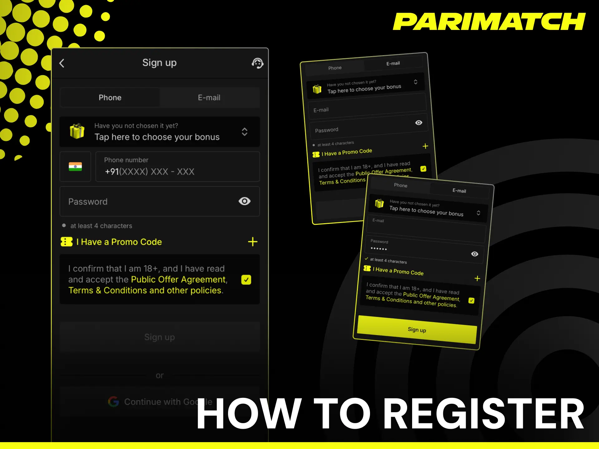 Step by step guide how to register on Parimatch app with phone, email, or Google account.