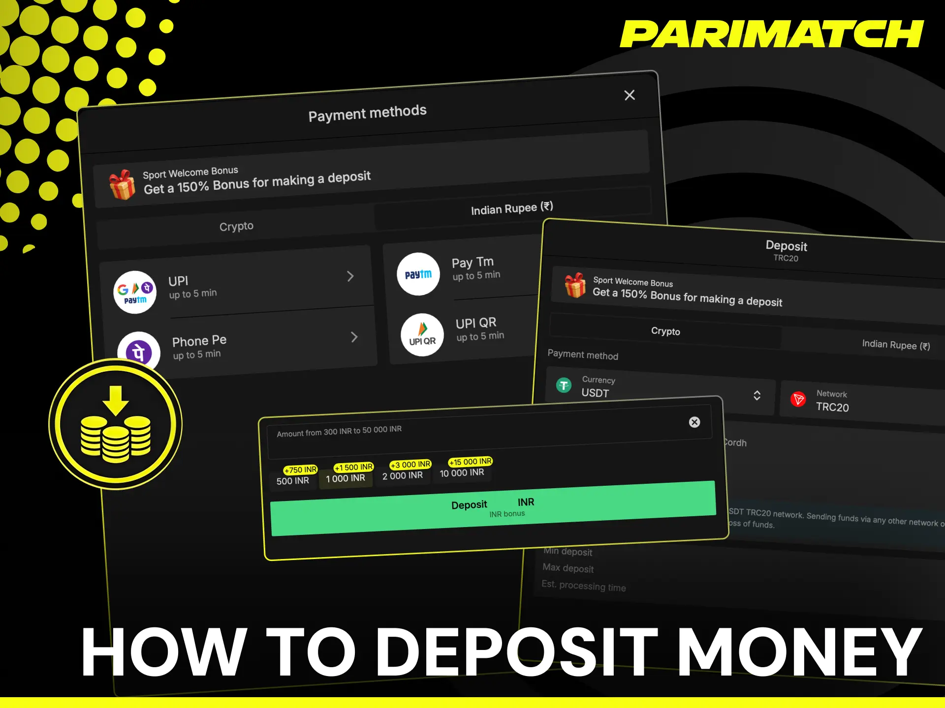 Step by step guide how to deposit money in Parimatch app using UPI, PhonePe, and Paytm.