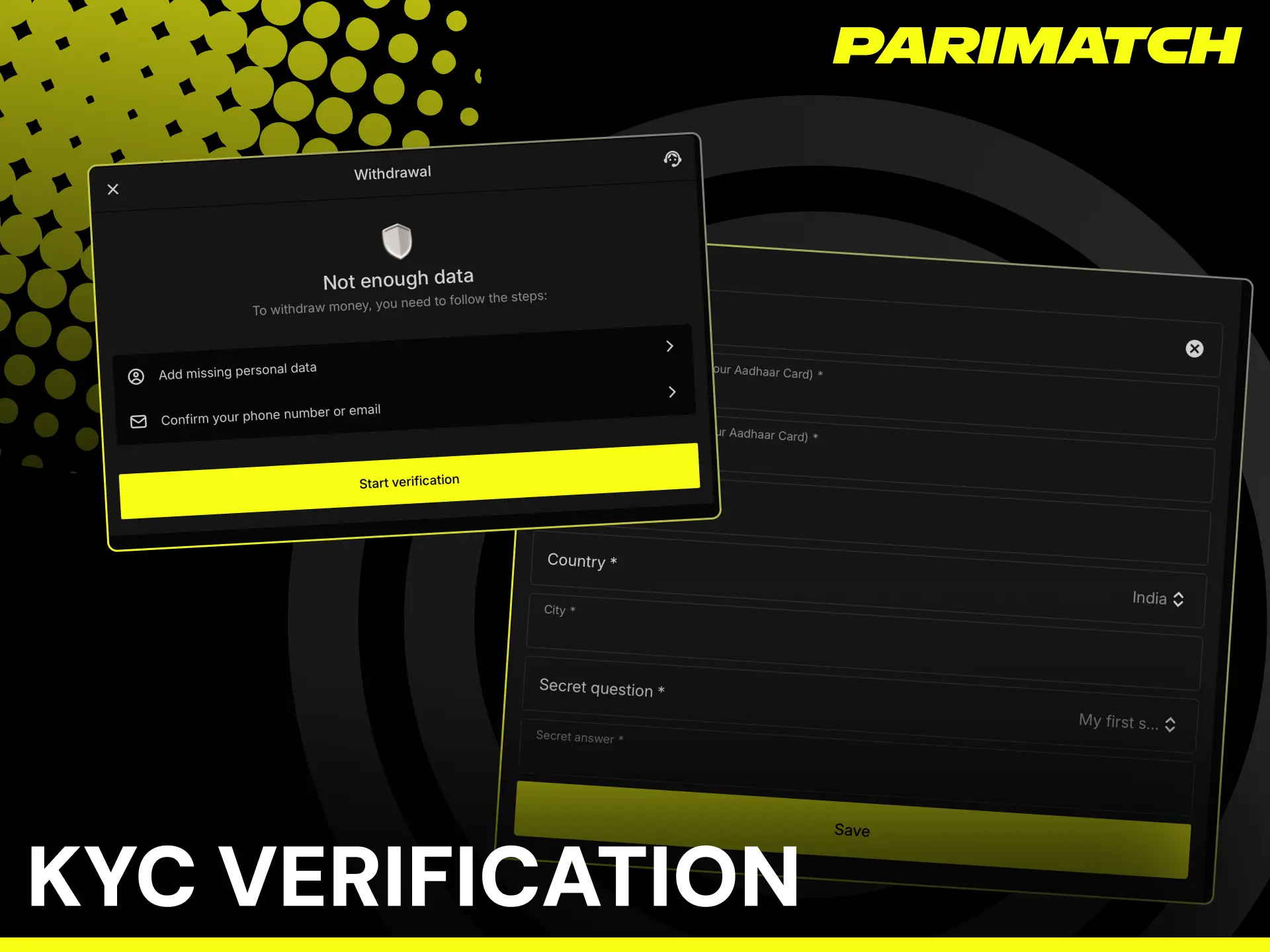 KYC verification before first Parimatch withdrawal with Aadhaar, PAN, or passport.