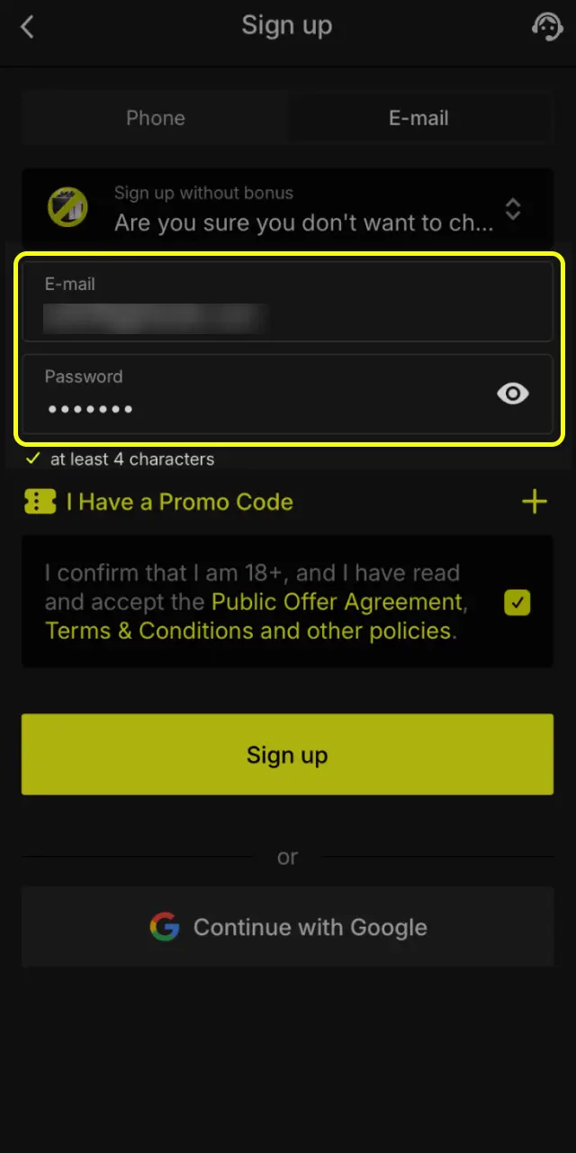 Enter your +91 mobile number or email on Parimatch India and select INR as currency.