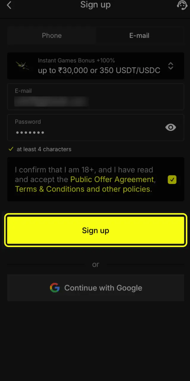 Tap Sign Up on Parimatch India and deposit minimum ₹200 via UPI to activate your bonus.