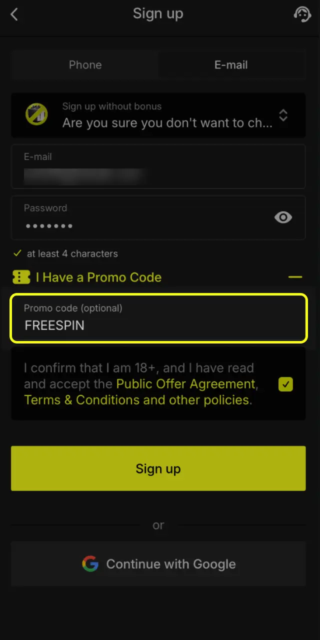 Type FREESPIN in the promo code field on Parimatch India registration screen.
